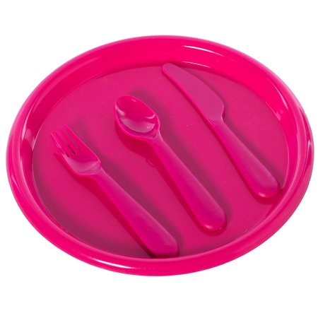 BASICWISE Reusable Cutlery Set of 4 Plastic Plates, Spoons, Forks and Knives for Baby and Toddlers, Pink QI003831.RD